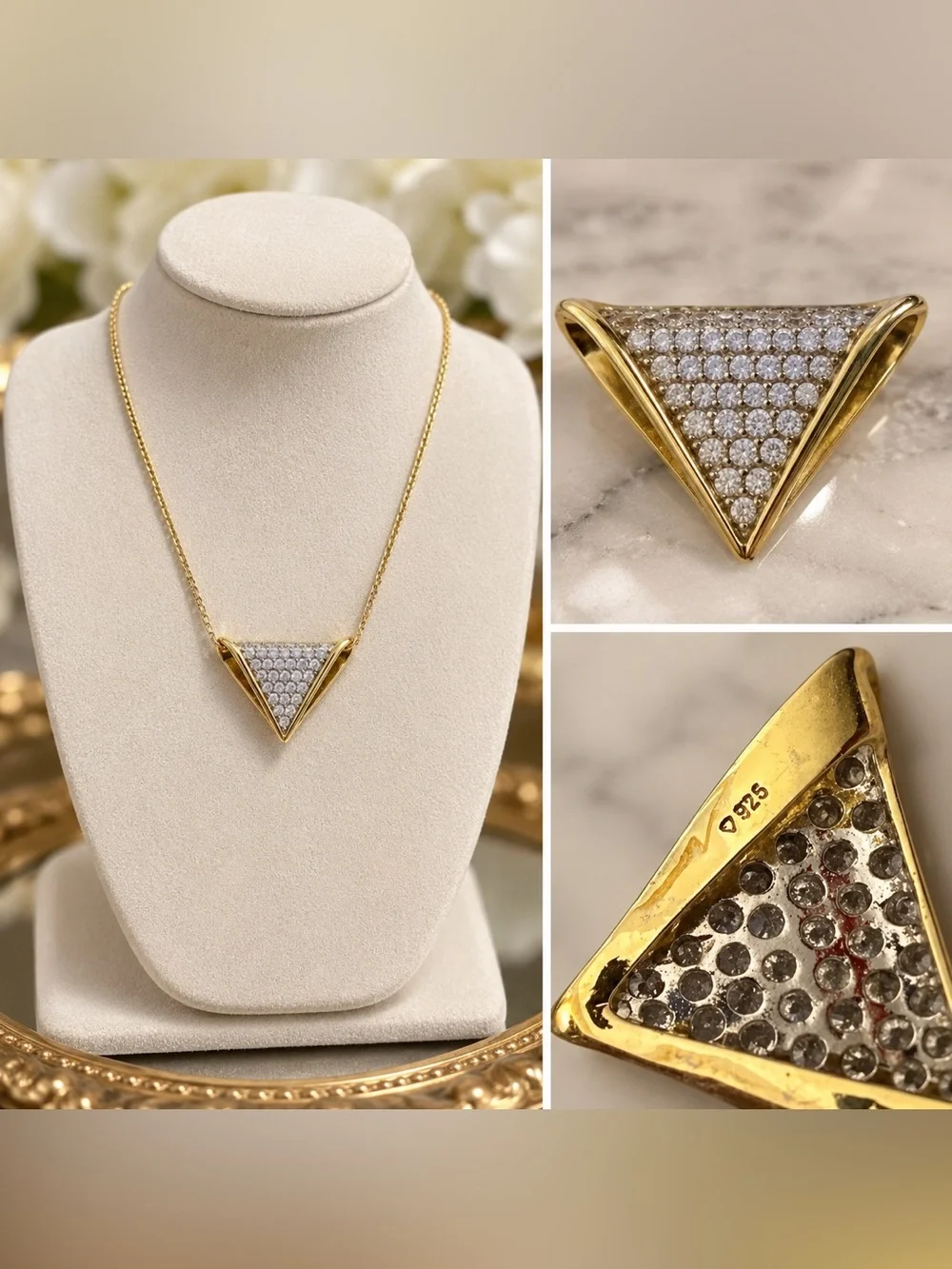 Vintage 925 Sterling Silver Gold Tone Pavé CZ Triangle Pendant Statement Jewelry